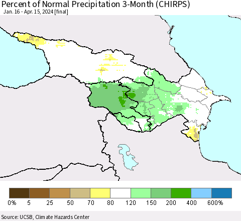 Azerbaijan, Armenia and Georgia Percent of Normal Precipitation 3-Month (CHIRPS) Thematic Map For 1/16/2024 - 4/15/2024
