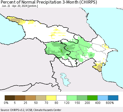 Azerbaijan, Armenia and Georgia Percent of Normal Precipitation 3-Month (CHIRPS) Thematic Map For 1/21/2024 - 4/20/2024