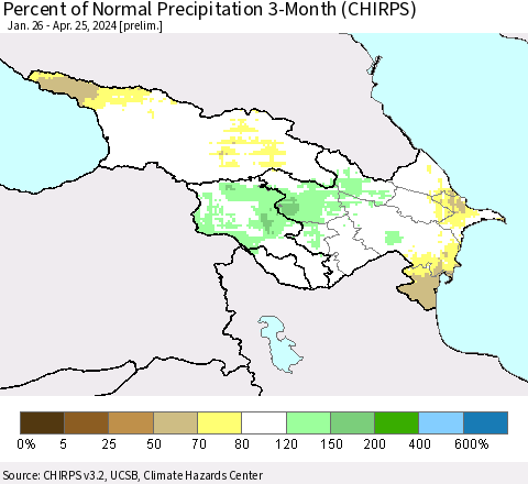 Azerbaijan, Armenia and Georgia Percent of Normal Precipitation 3-Month (CHIRPS) Thematic Map For 1/26/2024 - 4/25/2024