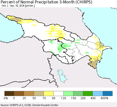 Azerbaijan, Armenia and Georgia Percent of Normal Precipitation 3-Month (CHIRPS) Thematic Map For 2/1/2024 - 4/30/2024