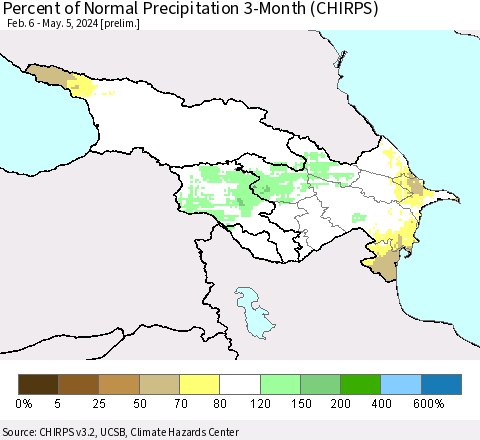 Azerbaijan, Armenia and Georgia Percent of Normal Precipitation 3-Month (CHIRPS) Thematic Map For 2/6/2024 - 5/5/2024
