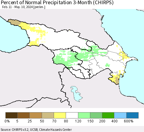 Azerbaijan, Armenia and Georgia Percent of Normal Precipitation 3-Month (CHIRPS) Thematic Map For 2/11/2024 - 5/10/2024