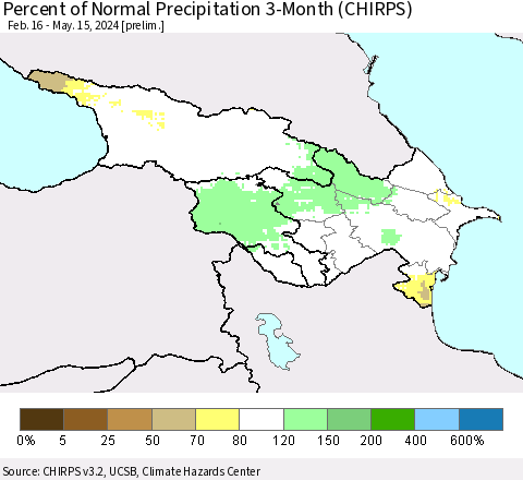Azerbaijan, Armenia and Georgia Percent of Normal Precipitation 3-Month (CHIRPS) Thematic Map For 2/16/2024 - 5/15/2024