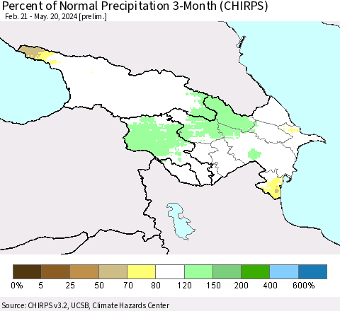 Azerbaijan, Armenia and Georgia Percent of Normal Precipitation 3-Month (CHIRPS) Thematic Map For 2/21/2024 - 5/20/2024