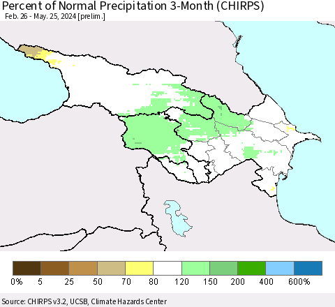 Azerbaijan, Armenia and Georgia Percent of Normal Precipitation 3-Month (CHIRPS) Thematic Map For 2/26/2024 - 5/25/2024