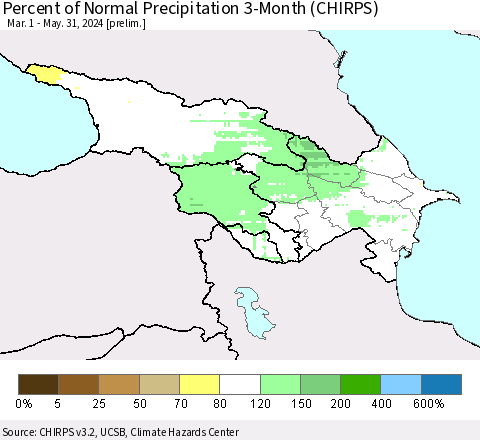 Azerbaijan, Armenia and Georgia Percent of Normal Precipitation 3-Month (CHIRPS) Thematic Map For 3/1/2024 - 5/31/2024