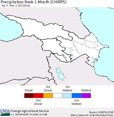Azerbaijan, Armenia and Georgia Precipitation Rank since 1981, 1-Month (CHIRPS) Thematic Map For 4/6/2022 - 5/5/2022