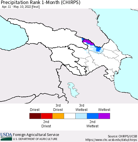 Azerbaijan, Armenia and Georgia Precipitation Rank since 1981, 1-Month (CHIRPS) Thematic Map For 4/11/2022 - 5/10/2022