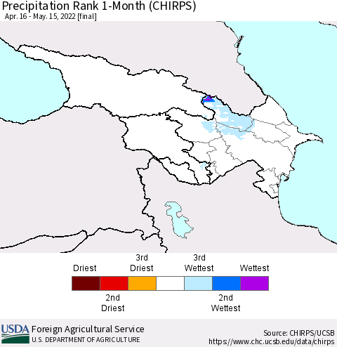 Azerbaijan, Armenia and Georgia Precipitation Rank since 1981, 1-Month (CHIRPS) Thematic Map For 4/16/2022 - 5/15/2022