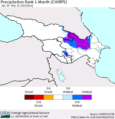 Azerbaijan, Armenia and Georgia Precipitation Rank since 1981, 1-Month (CHIRPS) Thematic Map For 4/26/2022 - 5/25/2022