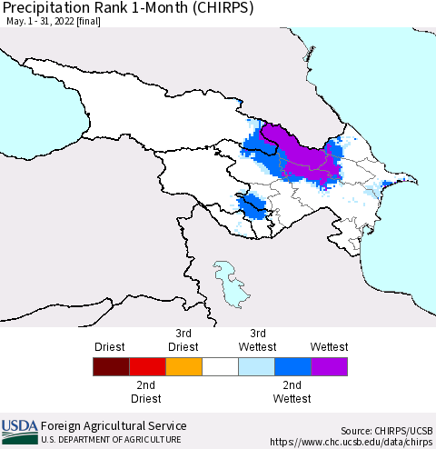 Azerbaijan, Armenia and Georgia Precipitation Rank since 1981, 1-Month (CHIRPS) Thematic Map For 5/1/2022 - 5/31/2022
