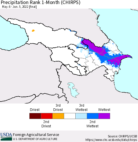 Azerbaijan, Armenia and Georgia Precipitation Rank since 1981, 1-Month (CHIRPS) Thematic Map For 5/6/2022 - 6/5/2022