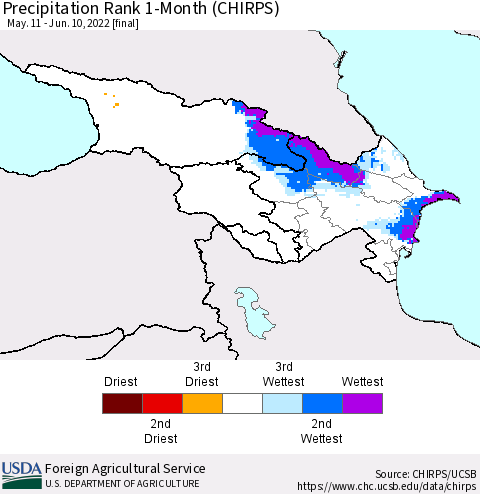 Azerbaijan, Armenia and Georgia Precipitation Rank since 1981, 1-Month (CHIRPS) Thematic Map For 5/11/2022 - 6/10/2022