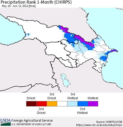 Azerbaijan, Armenia and Georgia Precipitation Rank since 1981, 1-Month (CHIRPS) Thematic Map For 5/16/2022 - 6/15/2022
