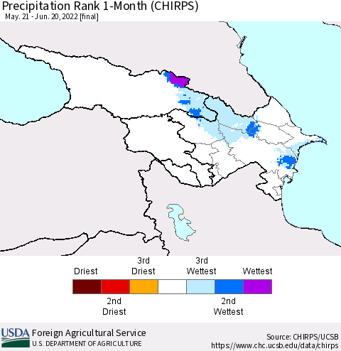 Azerbaijan, Armenia and Georgia Precipitation Rank since 1981, 1-Month (CHIRPS) Thematic Map For 5/21/2022 - 6/20/2022