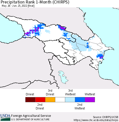 Azerbaijan, Armenia and Georgia Precipitation Rank since 1981, 1-Month (CHIRPS) Thematic Map For 5/26/2022 - 6/25/2022