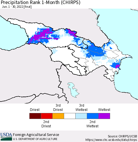 Azerbaijan, Armenia and Georgia Precipitation Rank since 1981, 1-Month (CHIRPS) Thematic Map For 6/1/2022 - 6/30/2022