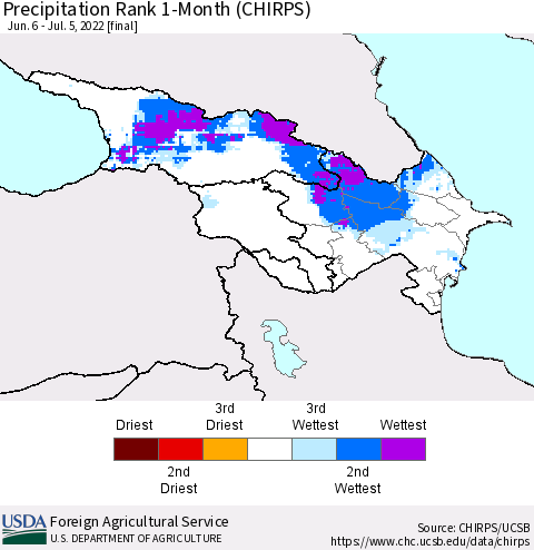 Azerbaijan, Armenia and Georgia Precipitation Rank since 1981, 1-Month (CHIRPS) Thematic Map For 6/6/2022 - 7/5/2022
