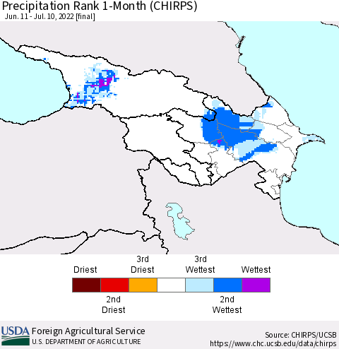 Azerbaijan, Armenia and Georgia Precipitation Rank since 1981, 1-Month (CHIRPS) Thematic Map For 6/11/2022 - 7/10/2022