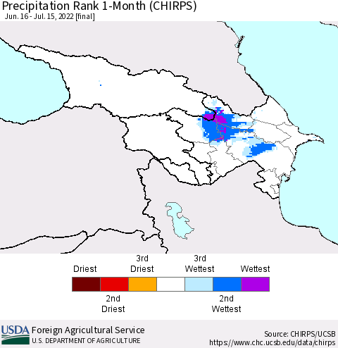 Azerbaijan, Armenia and Georgia Precipitation Rank since 1981, 1-Month (CHIRPS) Thematic Map For 6/16/2022 - 7/15/2022