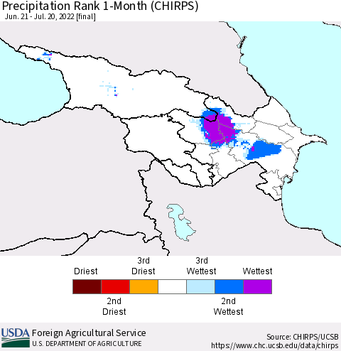 Azerbaijan, Armenia and Georgia Precipitation Rank since 1981, 1-Month (CHIRPS) Thematic Map For 6/21/2022 - 7/20/2022