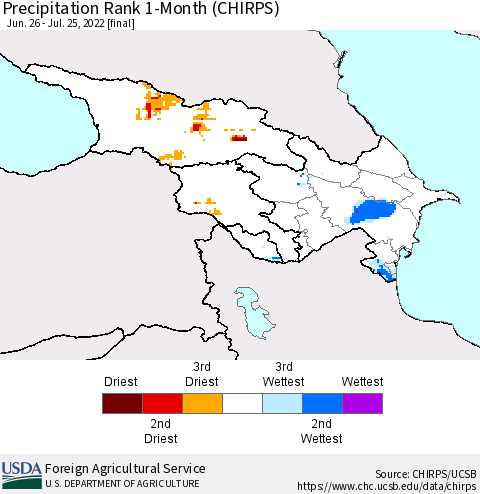 Azerbaijan, Armenia and Georgia Precipitation Rank since 1981, 1-Month (CHIRPS) Thematic Map For 6/26/2022 - 7/25/2022