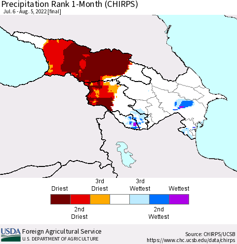 Azerbaijan, Armenia and Georgia Precipitation Rank since 1981, 1-Month (CHIRPS) Thematic Map For 7/6/2022 - 8/5/2022