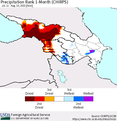 Azerbaijan, Armenia and Georgia Precipitation Rank since 1981, 1-Month (CHIRPS) Thematic Map For 7/11/2022 - 8/10/2022