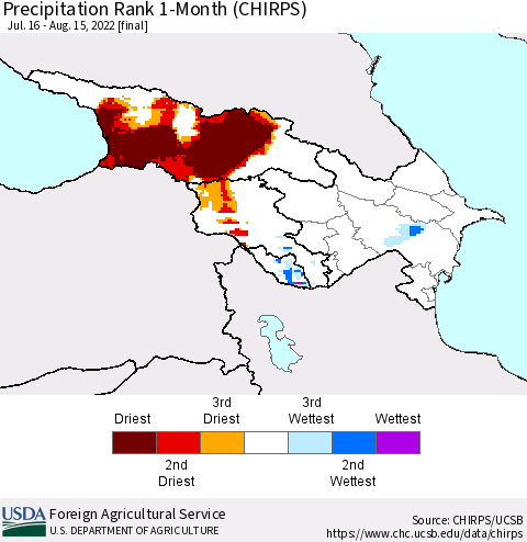 Azerbaijan, Armenia and Georgia Precipitation Rank since 1981, 1-Month (CHIRPS) Thematic Map For 7/16/2022 - 8/15/2022