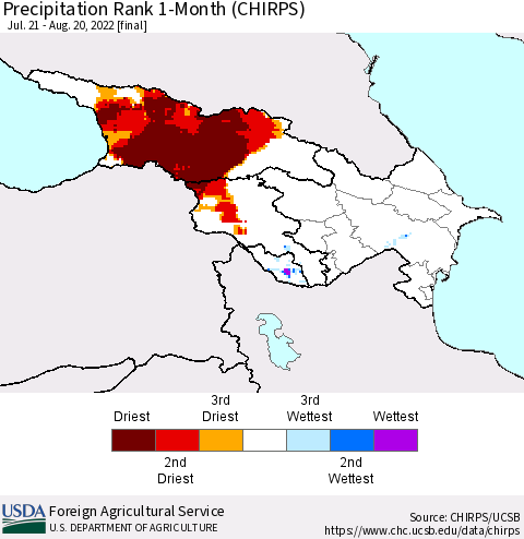 Azerbaijan, Armenia and Georgia Precipitation Rank since 1981, 1-Month (CHIRPS) Thematic Map For 7/21/2022 - 8/20/2022