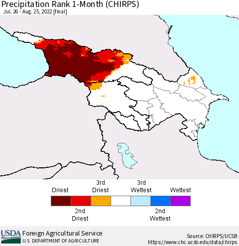 Azerbaijan, Armenia and Georgia Precipitation Rank since 1981, 1-Month (CHIRPS) Thematic Map For 7/26/2022 - 8/25/2022