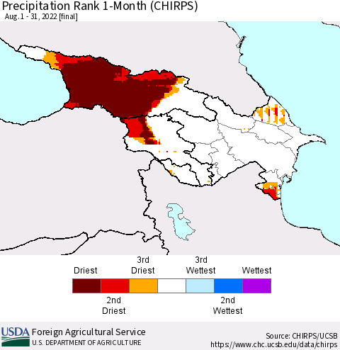 Azerbaijan, Armenia and Georgia Precipitation Rank since 1981, 1-Month (CHIRPS) Thematic Map For 8/1/2022 - 8/31/2022