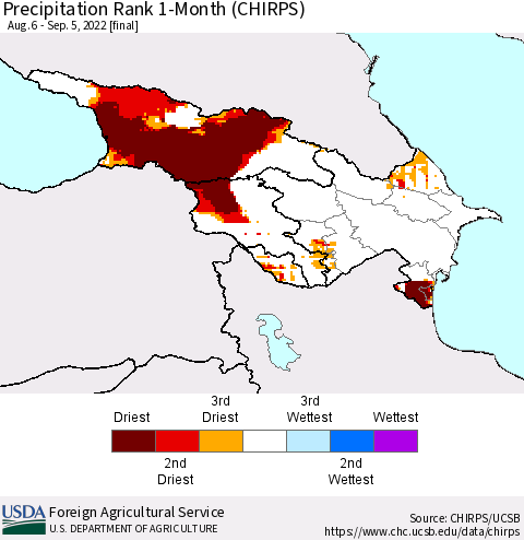 Azerbaijan, Armenia and Georgia Precipitation Rank since 1981, 1-Month (CHIRPS) Thematic Map For 8/6/2022 - 9/5/2022