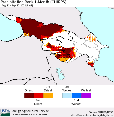 Azerbaijan, Armenia and Georgia Precipitation Rank since 1981, 1-Month (CHIRPS) Thematic Map For 8/11/2022 - 9/10/2022