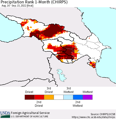 Azerbaijan, Armenia and Georgia Precipitation Rank since 1981, 1-Month (CHIRPS) Thematic Map For 8/16/2022 - 9/15/2022