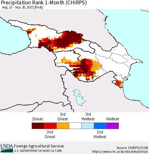 Azerbaijan, Armenia and Georgia Precipitation Rank since 1981, 1-Month (CHIRPS) Thematic Map For 8/21/2022 - 9/20/2022
