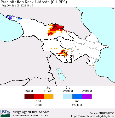 Azerbaijan, Armenia and Georgia Precipitation Rank since 1981, 1-Month (CHIRPS) Thematic Map For 8/26/2022 - 9/25/2022