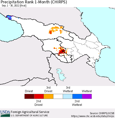 Azerbaijan, Armenia and Georgia Precipitation Rank since 1981, 1-Month (CHIRPS) Thematic Map For 9/1/2022 - 9/30/2022