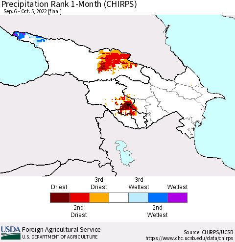 Azerbaijan, Armenia and Georgia Precipitation Rank since 1981, 1-Month (CHIRPS) Thematic Map For 9/6/2022 - 10/5/2022