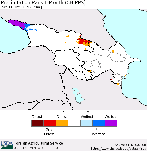 Azerbaijan, Armenia and Georgia Precipitation Rank since 1981, 1-Month (CHIRPS) Thematic Map For 9/11/2022 - 10/10/2022