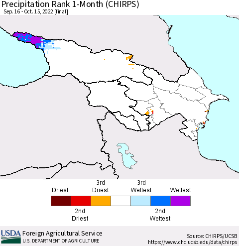 Azerbaijan, Armenia and Georgia Precipitation Rank since 1981, 1-Month (CHIRPS) Thematic Map For 9/16/2022 - 10/15/2022