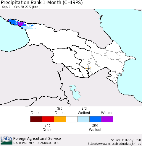 Azerbaijan, Armenia and Georgia Precipitation Rank since 1981, 1-Month (CHIRPS) Thematic Map For 9/21/2022 - 10/20/2022