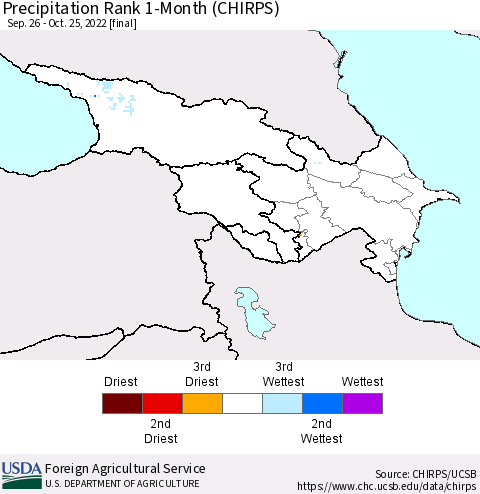Azerbaijan, Armenia and Georgia Precipitation Rank since 1981, 1-Month (CHIRPS) Thematic Map For 9/26/2022 - 10/25/2022