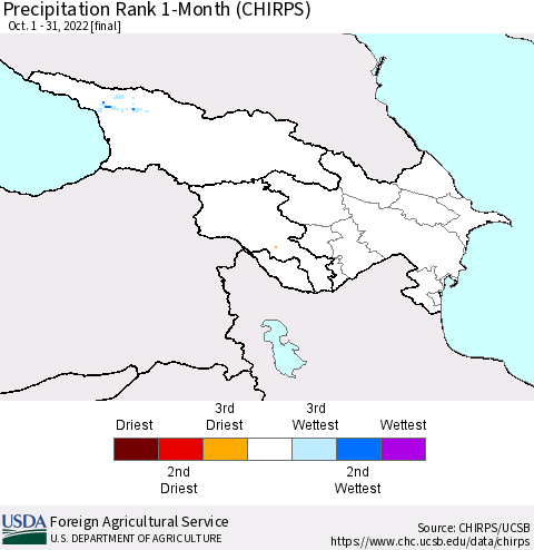 Azerbaijan, Armenia and Georgia Precipitation Rank since 1981, 1-Month (CHIRPS) Thematic Map For 10/1/2022 - 10/31/2022
