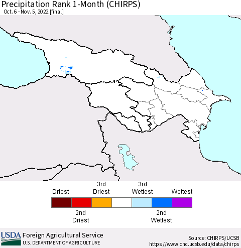 Azerbaijan, Armenia and Georgia Precipitation Rank since 1981, 1-Month (CHIRPS) Thematic Map For 10/6/2022 - 11/5/2022