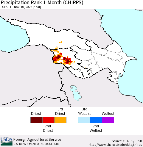 Azerbaijan, Armenia and Georgia Precipitation Rank since 1981, 1-Month (CHIRPS) Thematic Map For 10/11/2022 - 11/10/2022