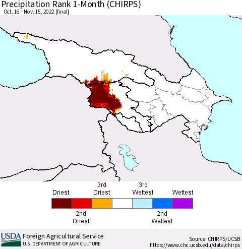 Azerbaijan, Armenia and Georgia Precipitation Rank since 1981, 1-Month (CHIRPS) Thematic Map For 10/16/2022 - 11/15/2022