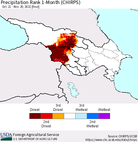 Azerbaijan, Armenia and Georgia Precipitation Rank since 1981, 1-Month (CHIRPS) Thematic Map For 10/21/2022 - 11/20/2022
