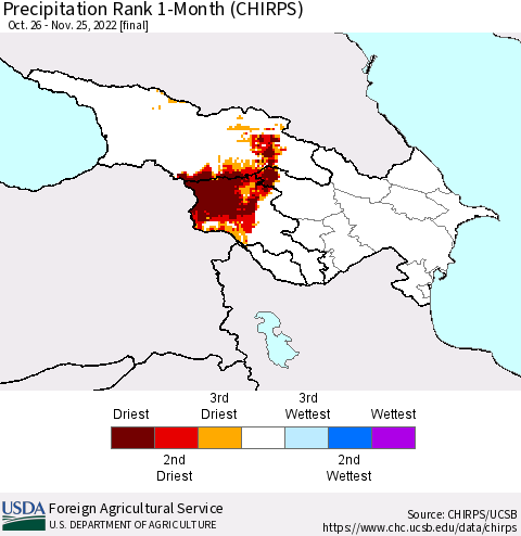 Azerbaijan, Armenia and Georgia Precipitation Rank since 1981, 1-Month (CHIRPS) Thematic Map For 10/26/2022 - 11/25/2022