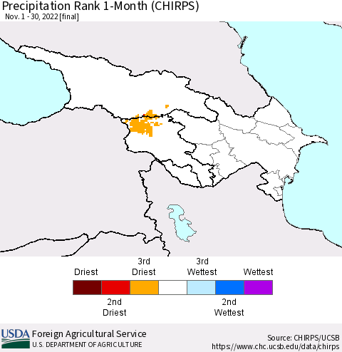Azerbaijan, Armenia and Georgia Precipitation Rank since 1981, 1-Month (CHIRPS) Thematic Map For 11/1/2022 - 11/30/2022